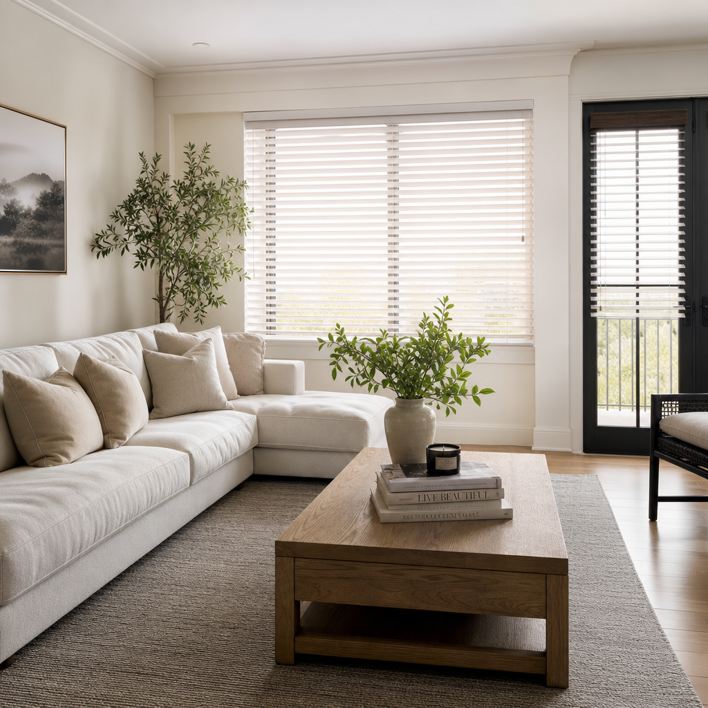 Bright living room with white sectional sofa, wooden coffee table, and large window blinds
