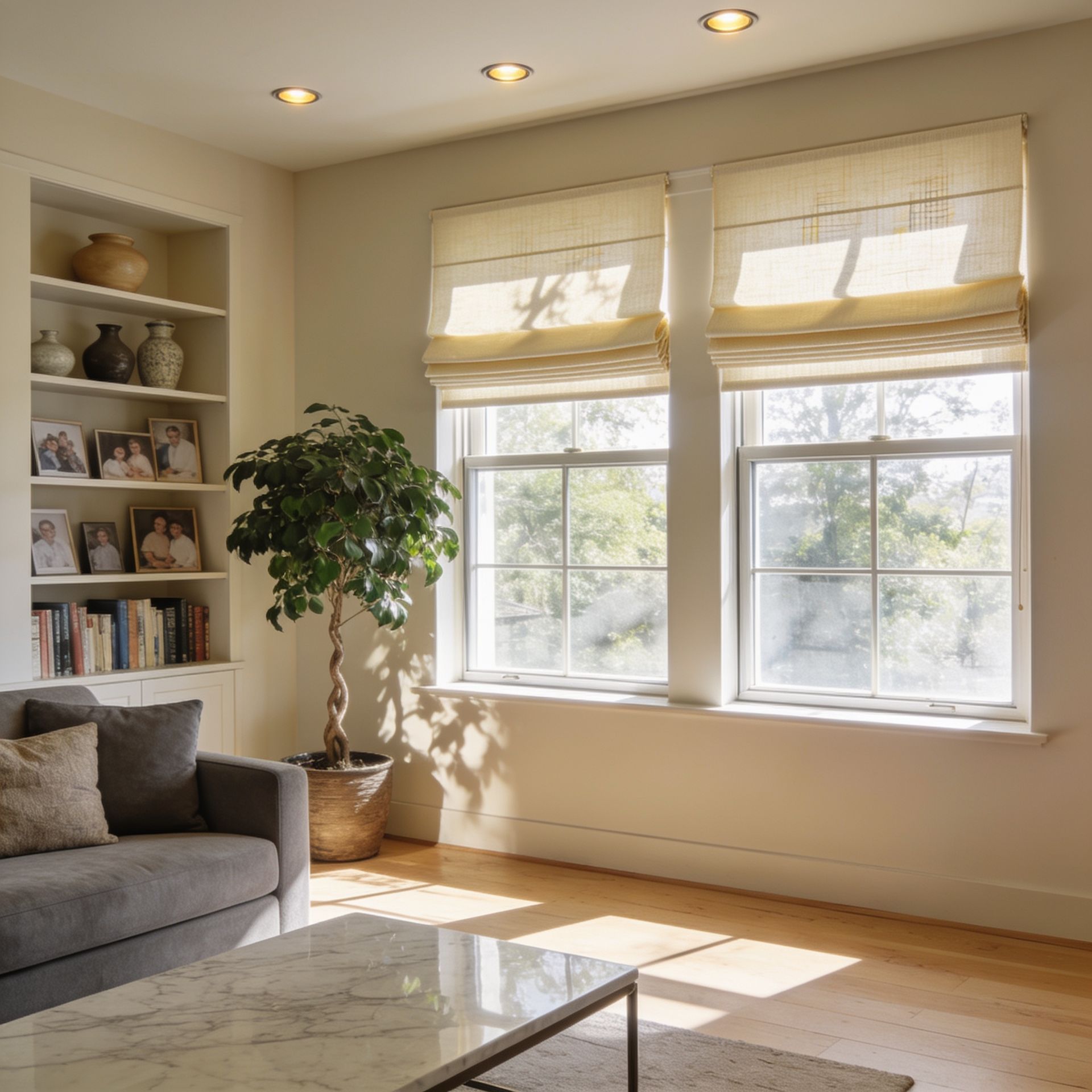 Bright living room with gray sofa, bookshelves, potted tree, and sunlight through roman shades.