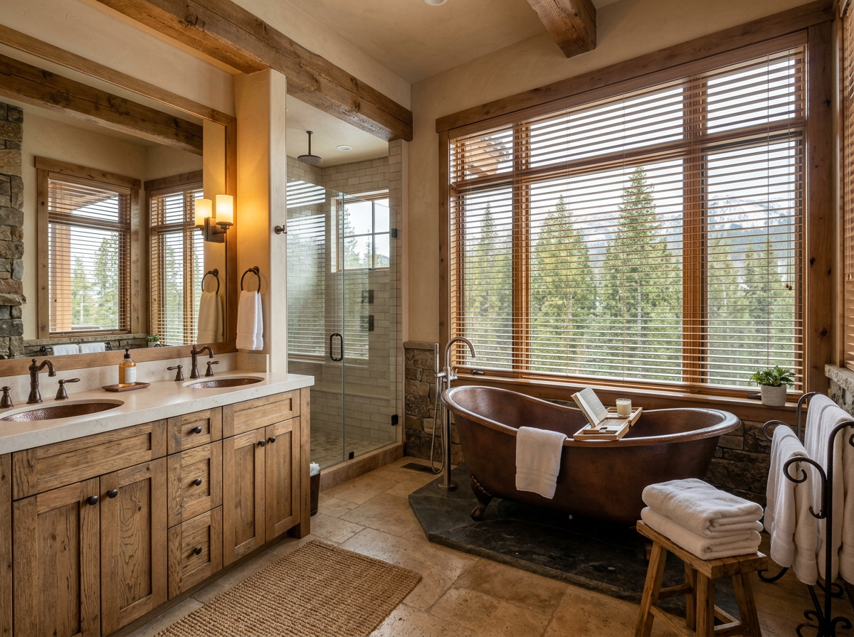 Wood-paneled bathroom with soaking tub, double vanity, and large windows with faux wood blinds.