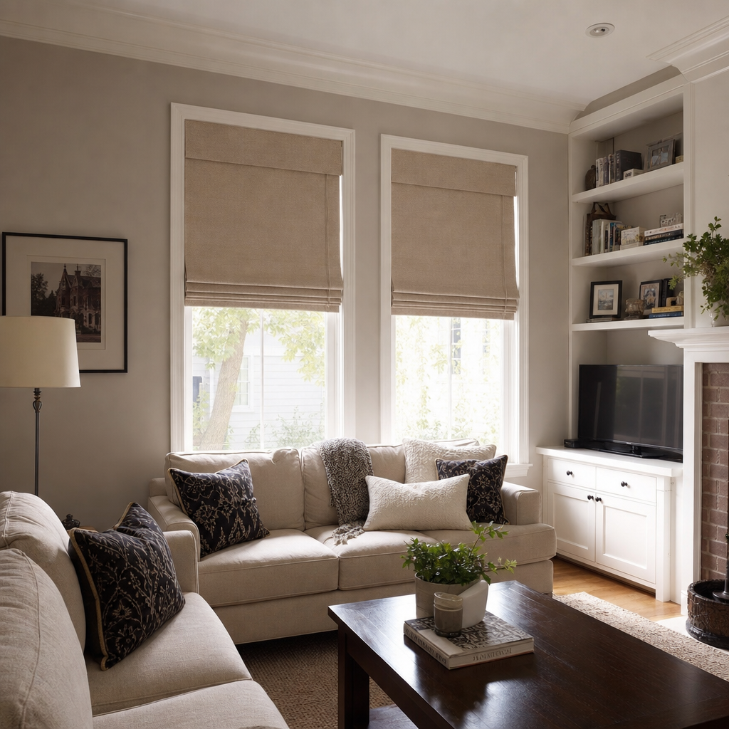 Bright living room with beige sofa, patterned pillows, coffee table, and roman shades on the windows.
