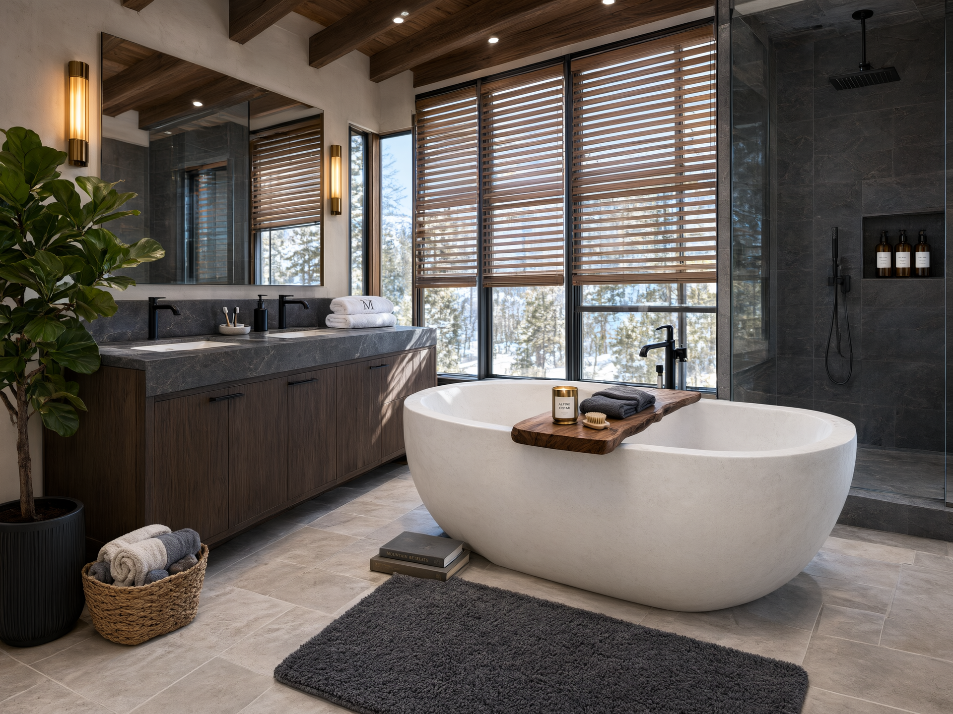 Modern spa bathroom with freestanding tub, double vanity, and large windows with faux wood blinds
