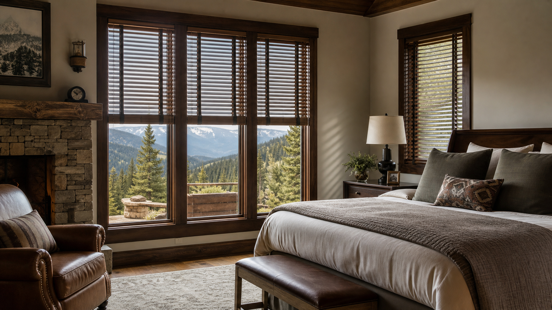 Cozy bedroom with a large window, mountain view, and warm wood blinds on the windows.