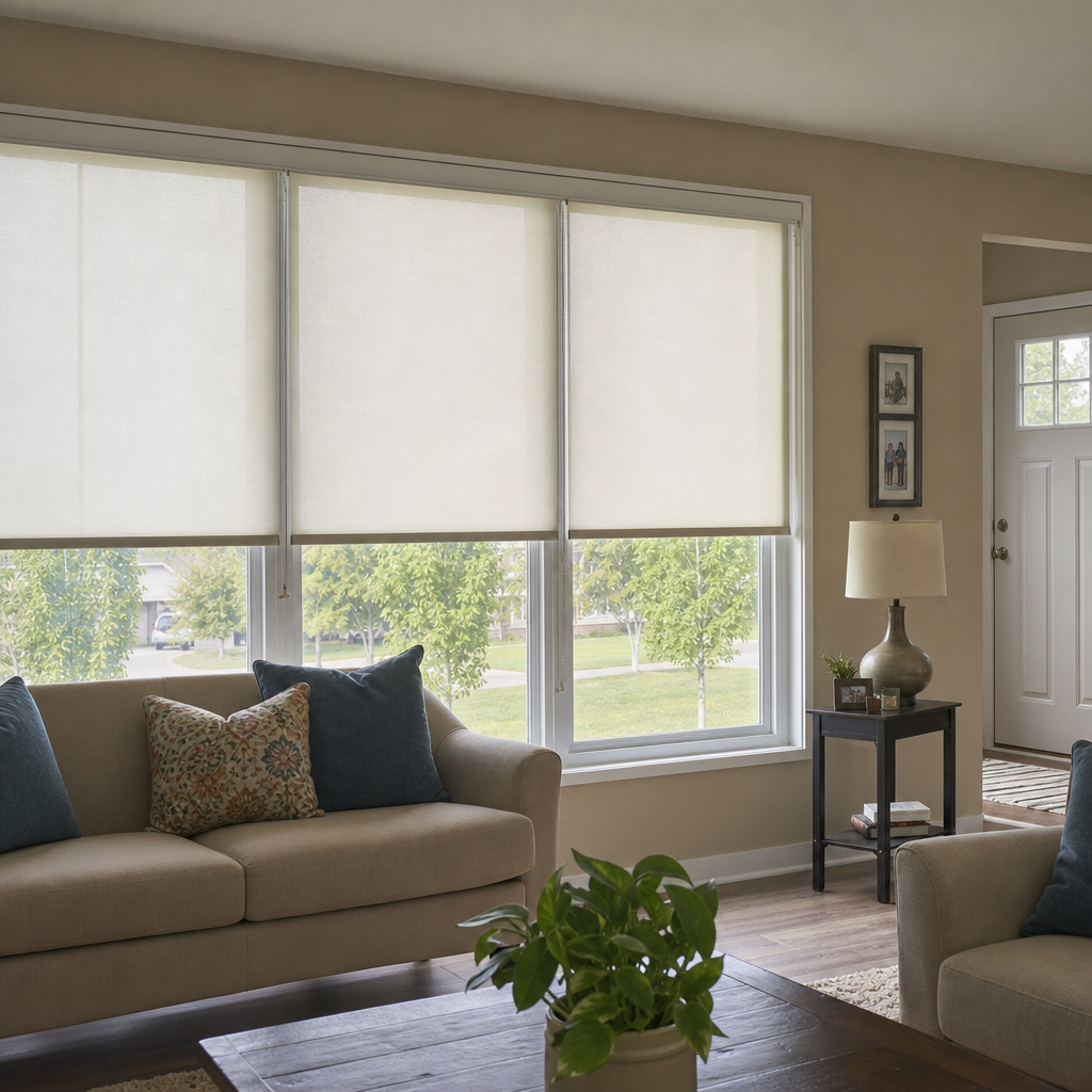 Bright living room with beige sofa, large windows with roller shades, a lamp, and potted plant near a front door.