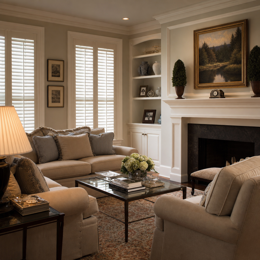 Elegant living room with beige sofas, plantation shutters, coffee table, and framed landscape art