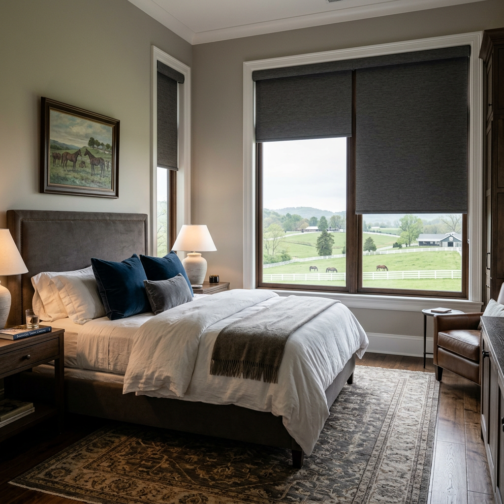Cozy bedroom with a bed, lamps, armchair, and large window with blackout shades.