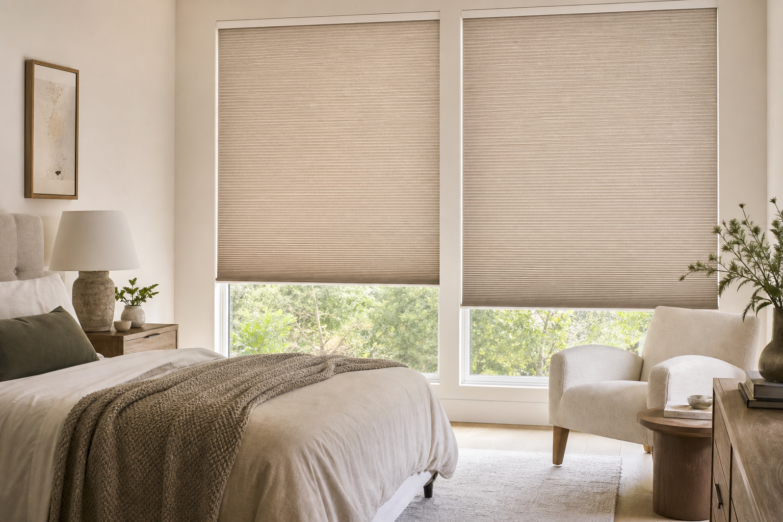 Cozy bedroom with a bed, two windows with beige ceellular shades, and a chair beside a small table