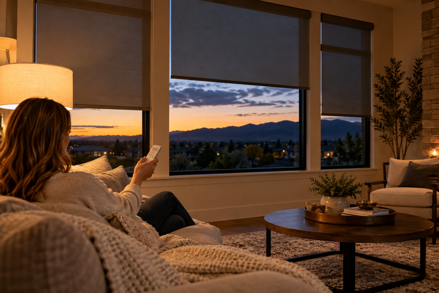 Person relaxing on a couch by a lamp, using a smart phone to lower her motorized window treatments. 