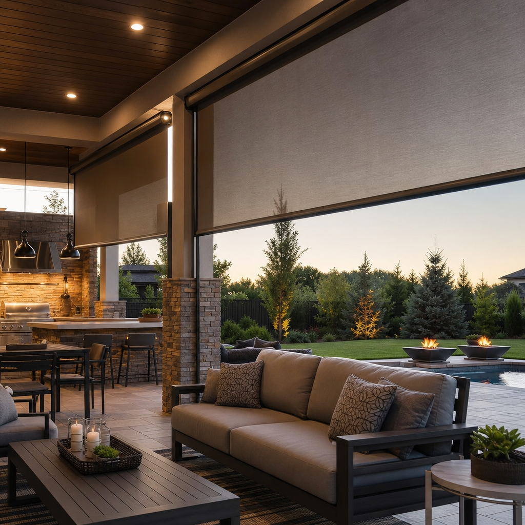 Covered patio lounge with exterior patio shades, beige sofas, dining tables, and a poolside view at sunset