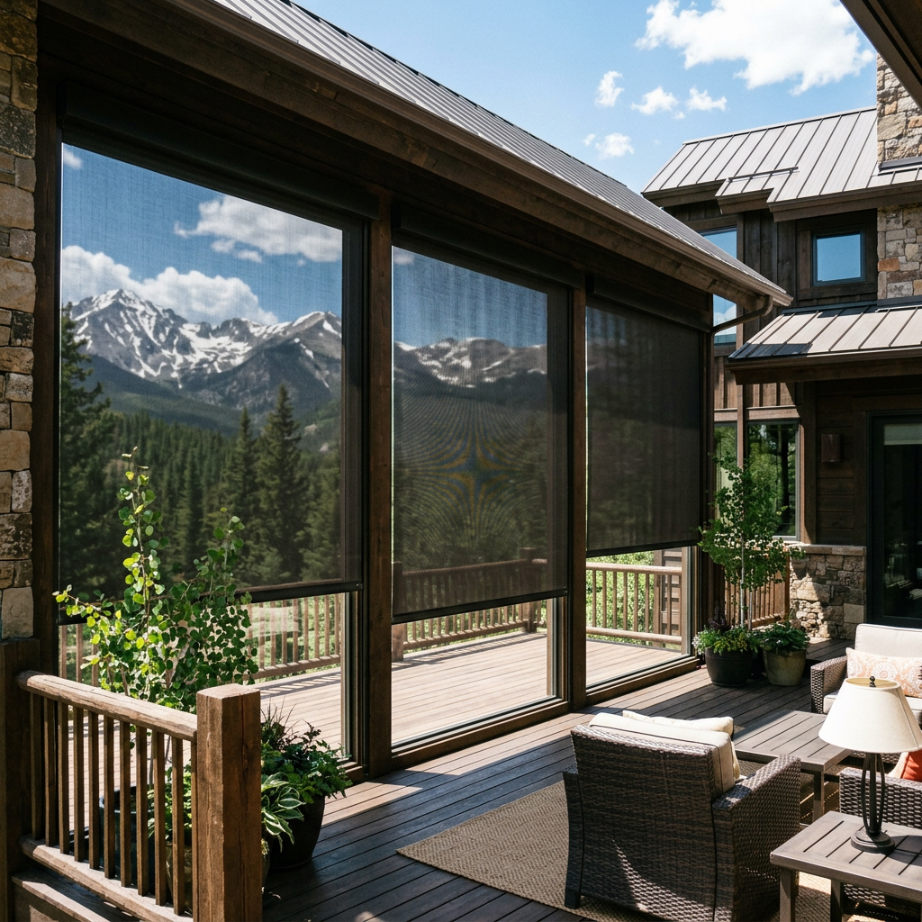 Mountain lodge deck with exterior patio shades, patio furniture, pine trees, and snowy peaks beyond