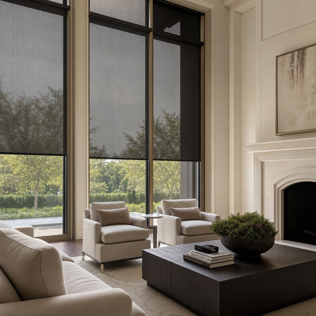Elegant living room with floor-to-ceiling windows with roller shades, neutral armchairs, and a dark coffee table by a fireplace