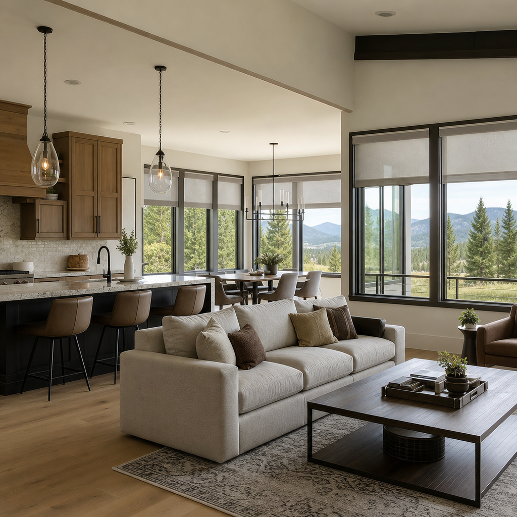 Open-concept living room with beige sofa, kitchen island, and large windows wih roller shades.