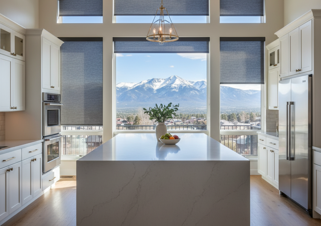 Kitchen with a mountain view, large island, white cabinets, and dark motorized blinds.