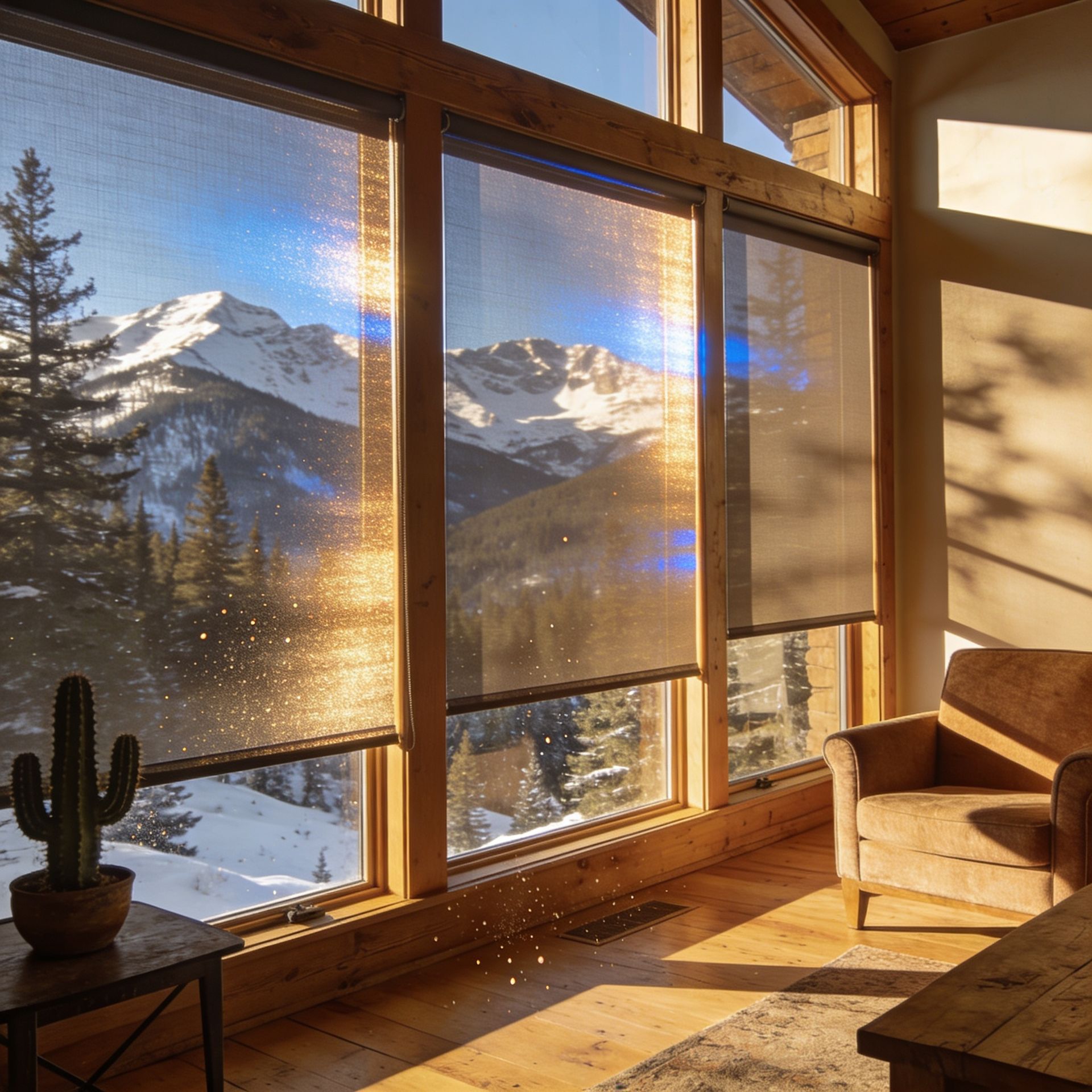 Cozy mountain cabin interior with large windows, warm sunlight, and solar shades.