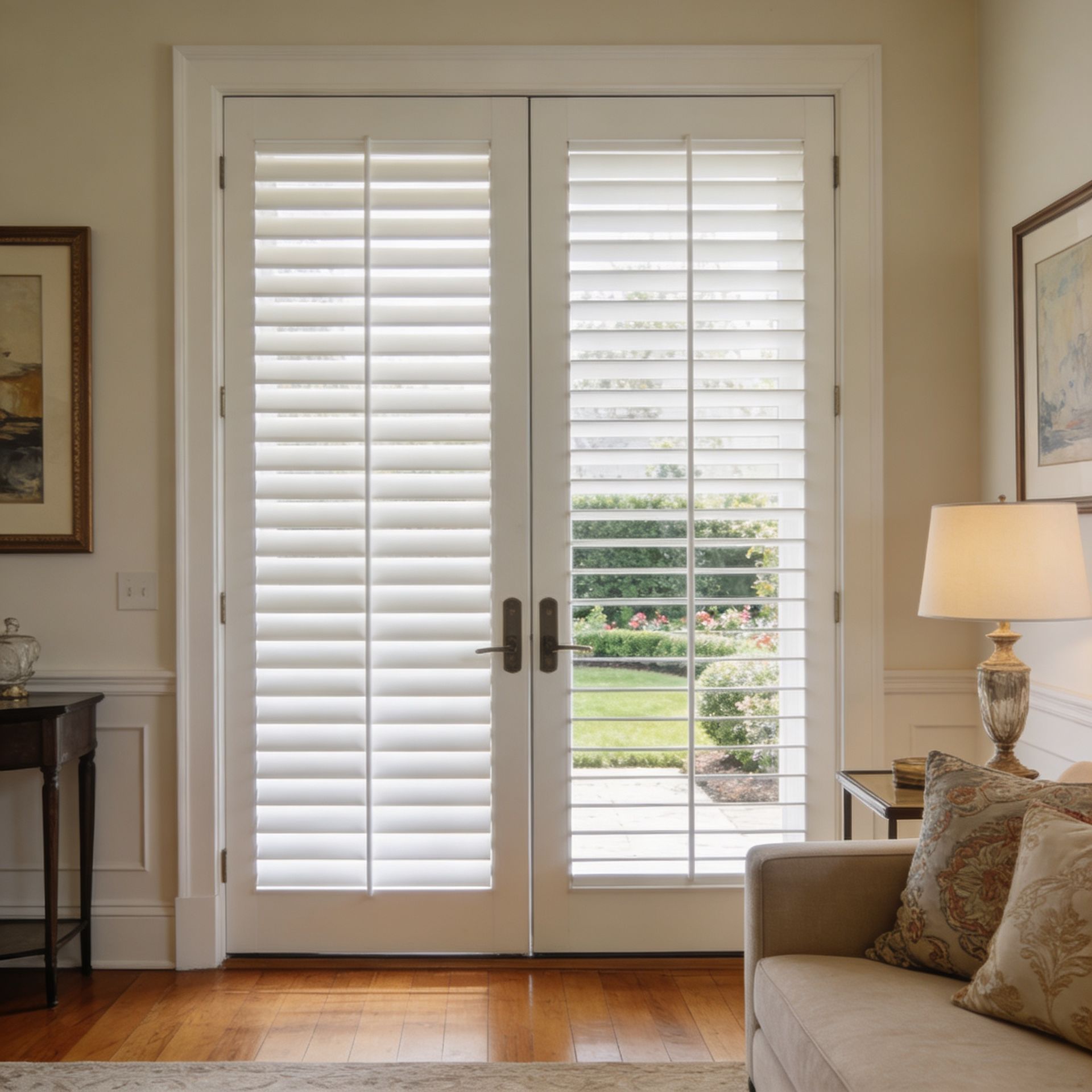 French doors with white shutters open to a green garden, in a bright living room with a lamp and sofa.