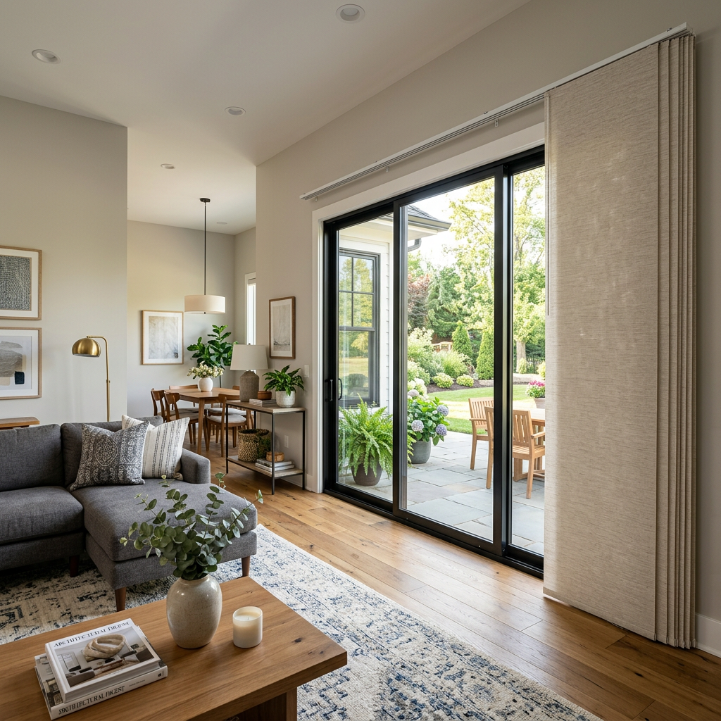 Bright living room opening to a patio through large glass doors with panel track shades.