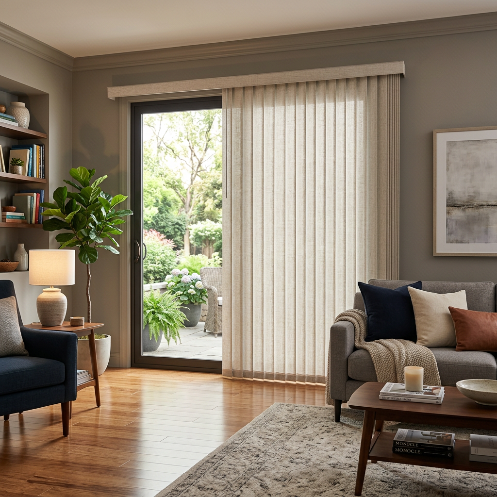 Cozy living room with sofa, armchair, coffee table, and sliding door with vertical blinds.