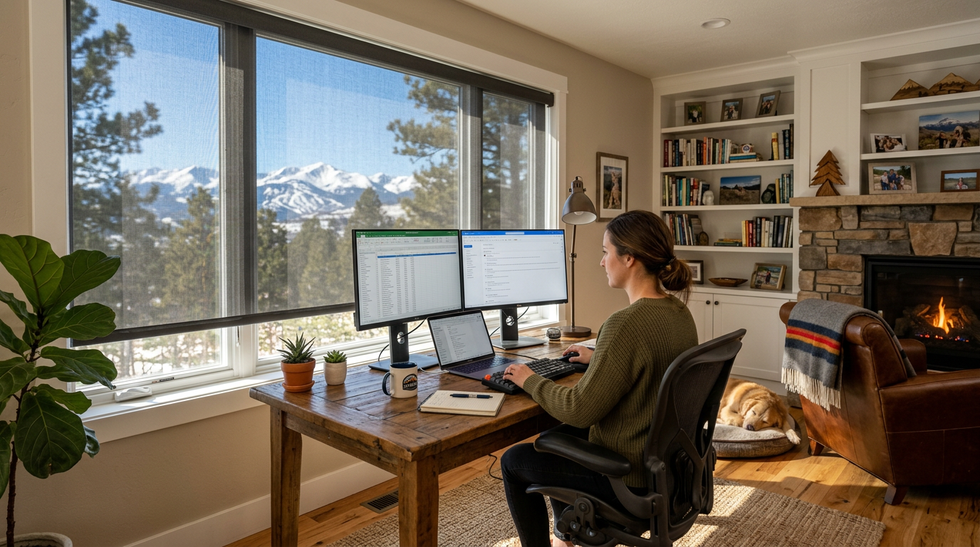 Person working at a desk by large windows with snowy mountains outside