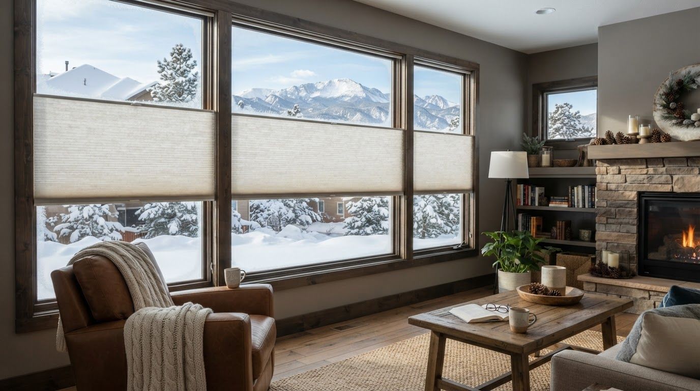 Cozy living room with mountain view, large windows with honeycomb shades, fireplace, armchair, and coffee table.