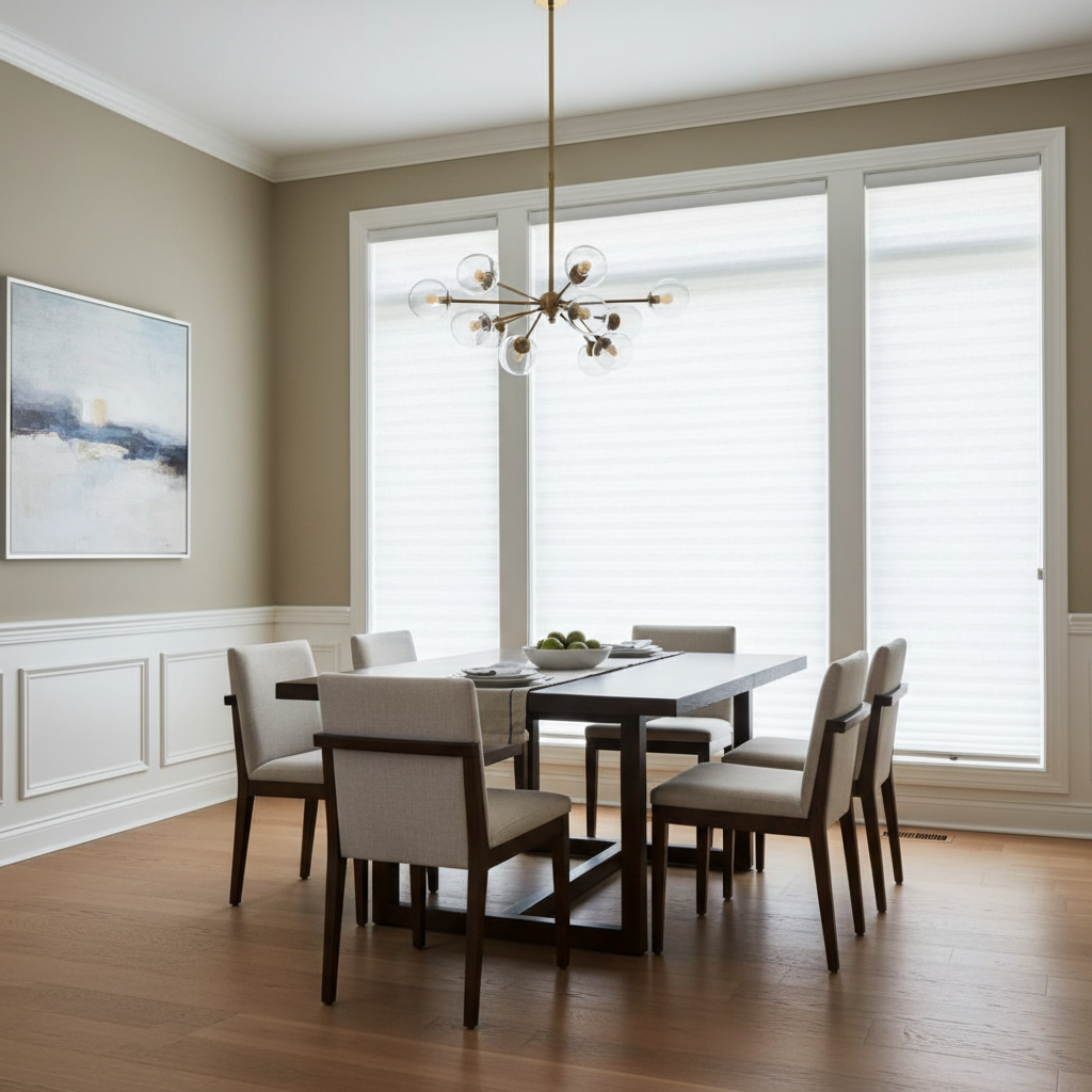 A modern dining room with a rectangular table, six chairs, a brass sputnik chandelier, and wall art on a beige wall.