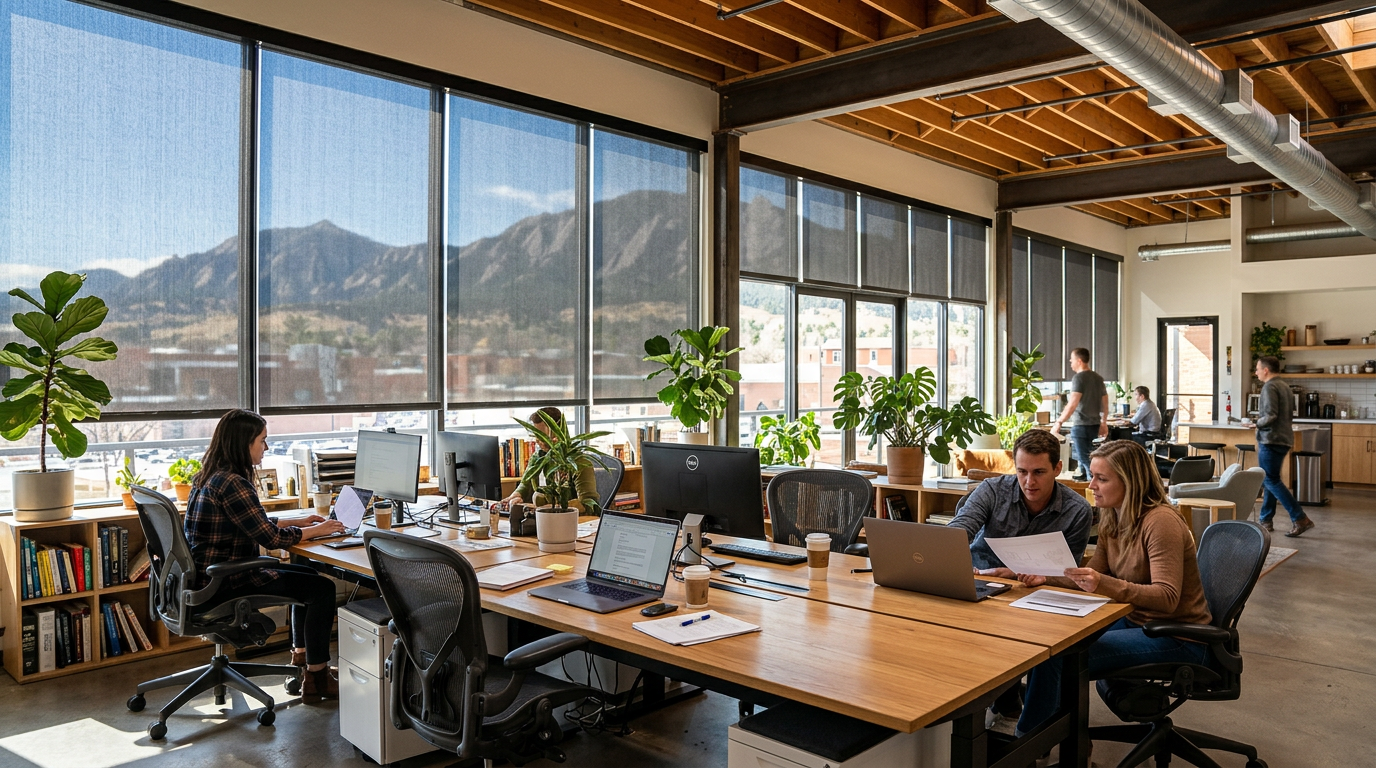 Bright co-working office with people working at desks and large windows overlooking mountains
