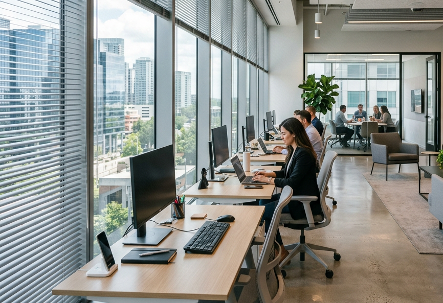 A modern office workspace with rows of desks along a wall of large windows overlooking a city skyline.