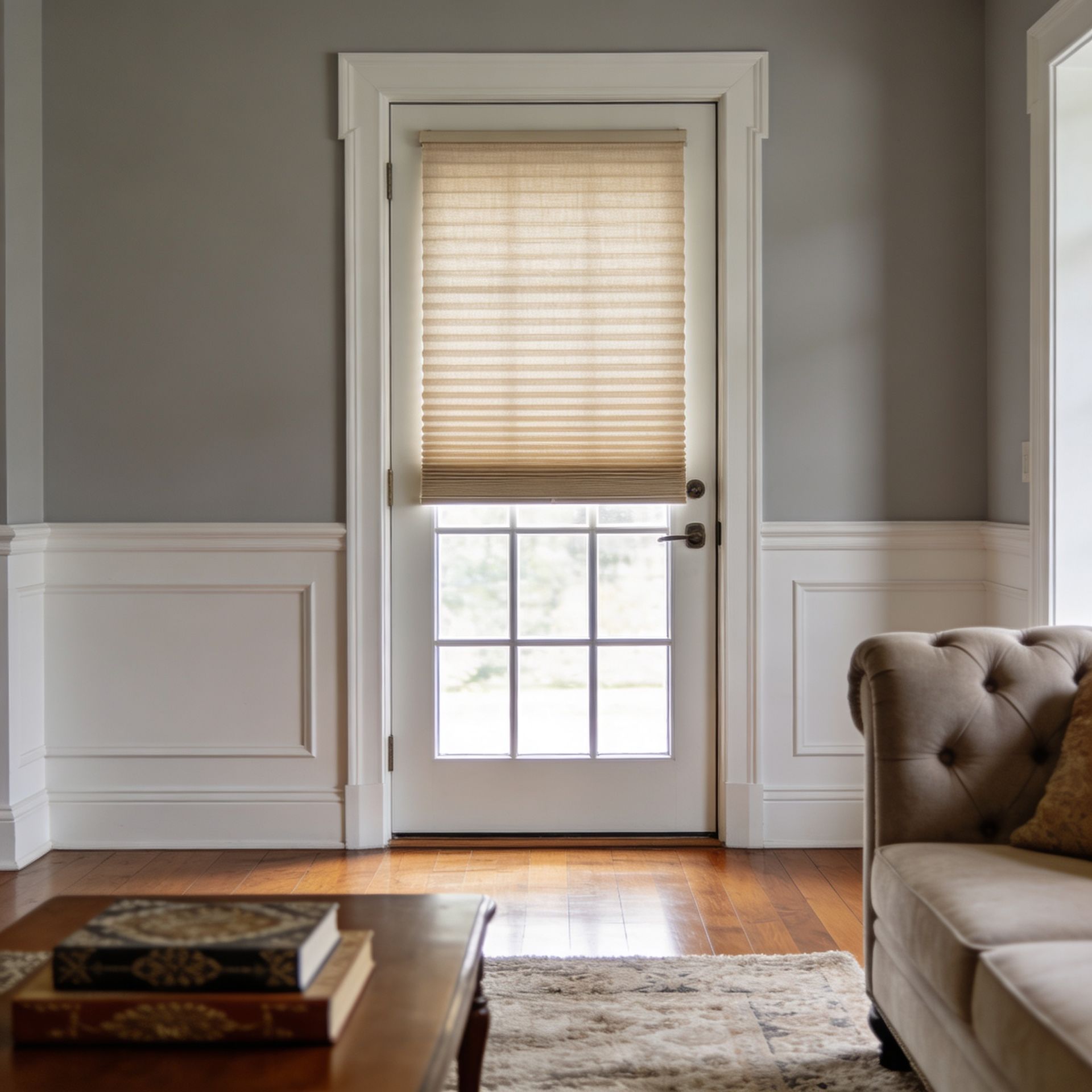 Bright living room with gray walls, white trim, a door with cellular shades, and a beige sofa by a wooden coffee table.