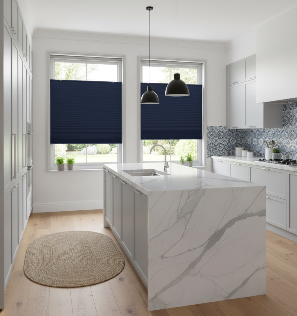A bright, modern kitchen with white cabinets, a marble island, and blue honeycomb window shades.