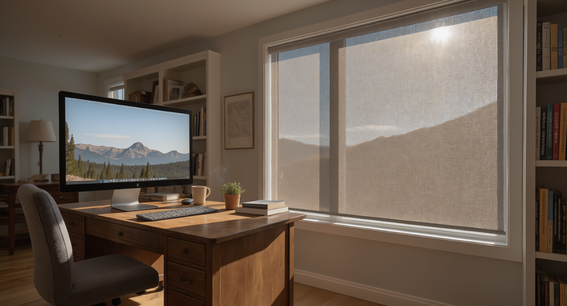 Home office with wooden desk, computer monitor, chair, and sunlight filtering through a large solar shade.