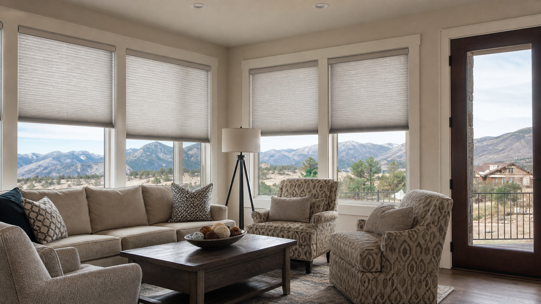 Bright living room with large windows, beige sofa, patterned chairs, coffee table, and mountain view.