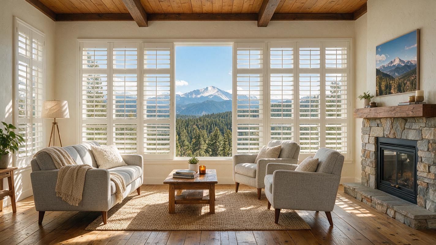Cozy living room with fireplace, armchairs, and a mountain view through large windows with interior shutters.