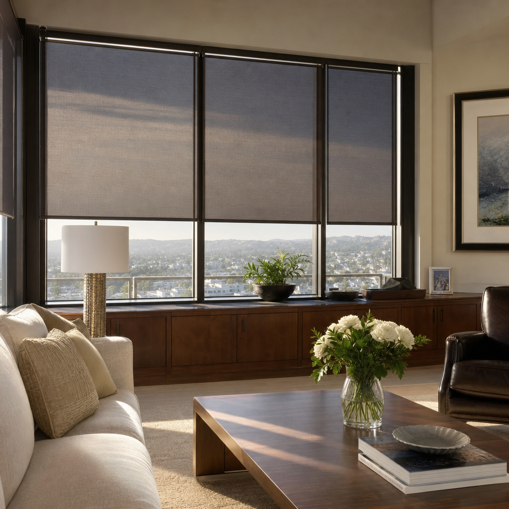 Modern living room with large windows with black solar shades, beige sofa, wooden coffee table, and potted plant
