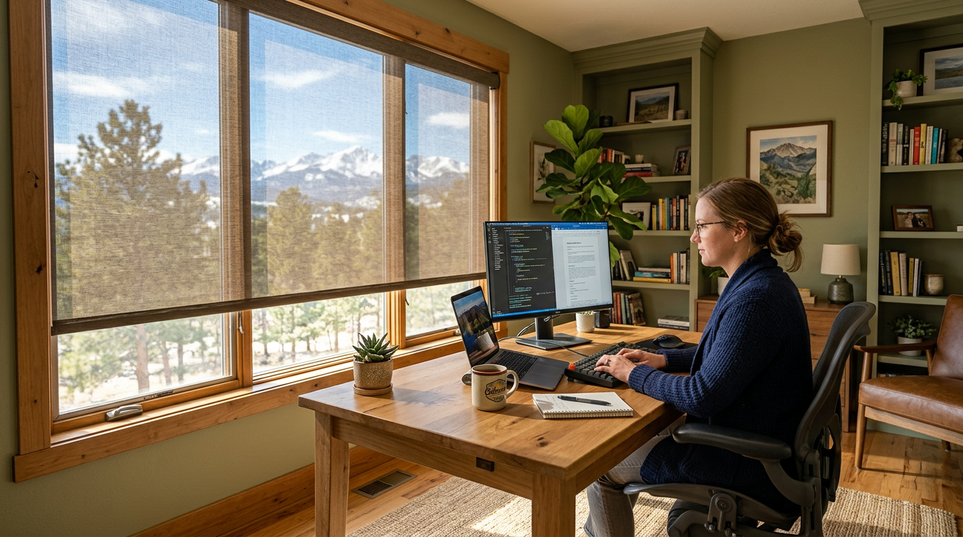 Person working at a desk in a home office with large windows, solar shades, and mountain view