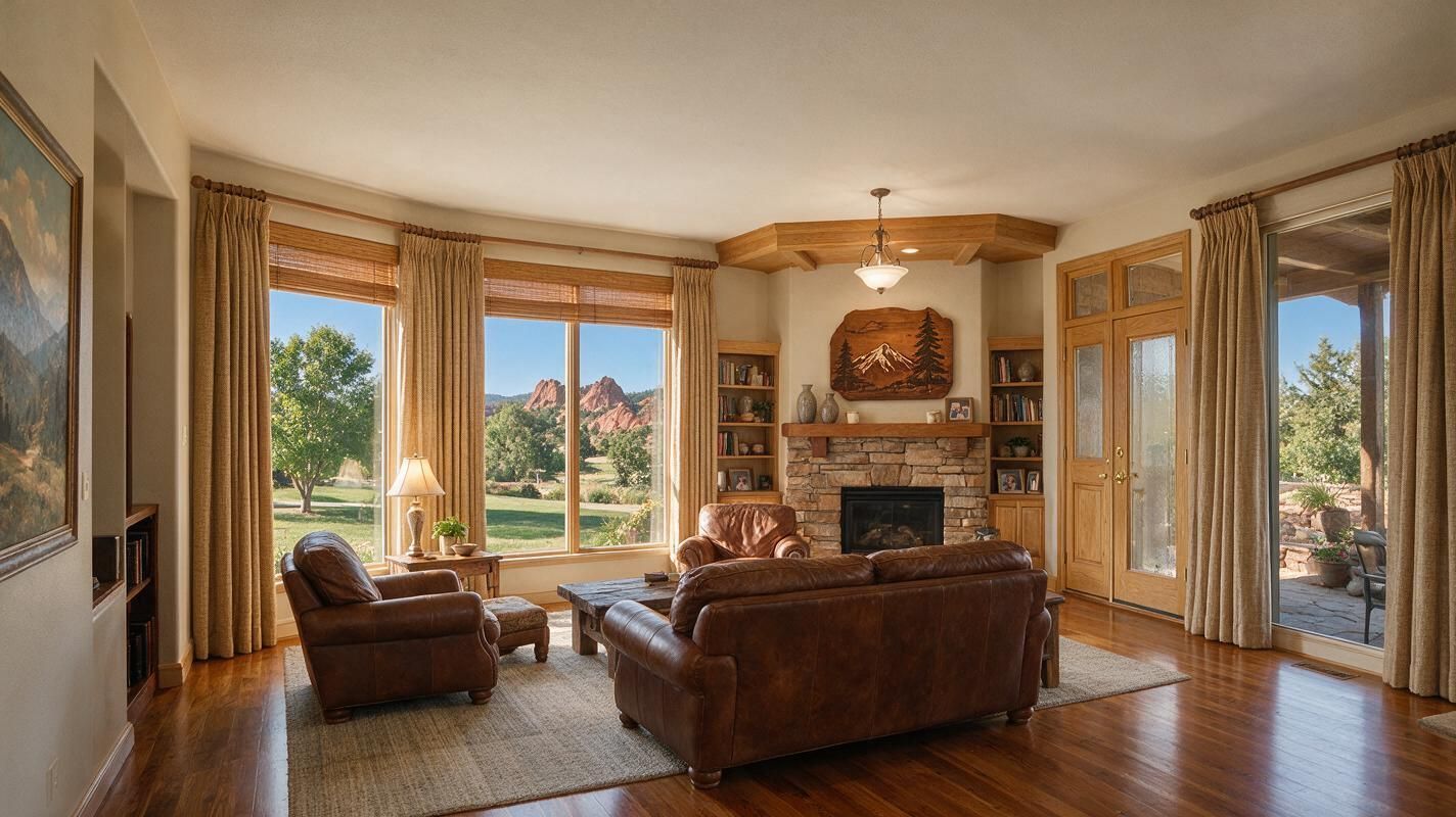 Bright living room with leather sofas, large windows, and a stone fireplace in warm sunlight