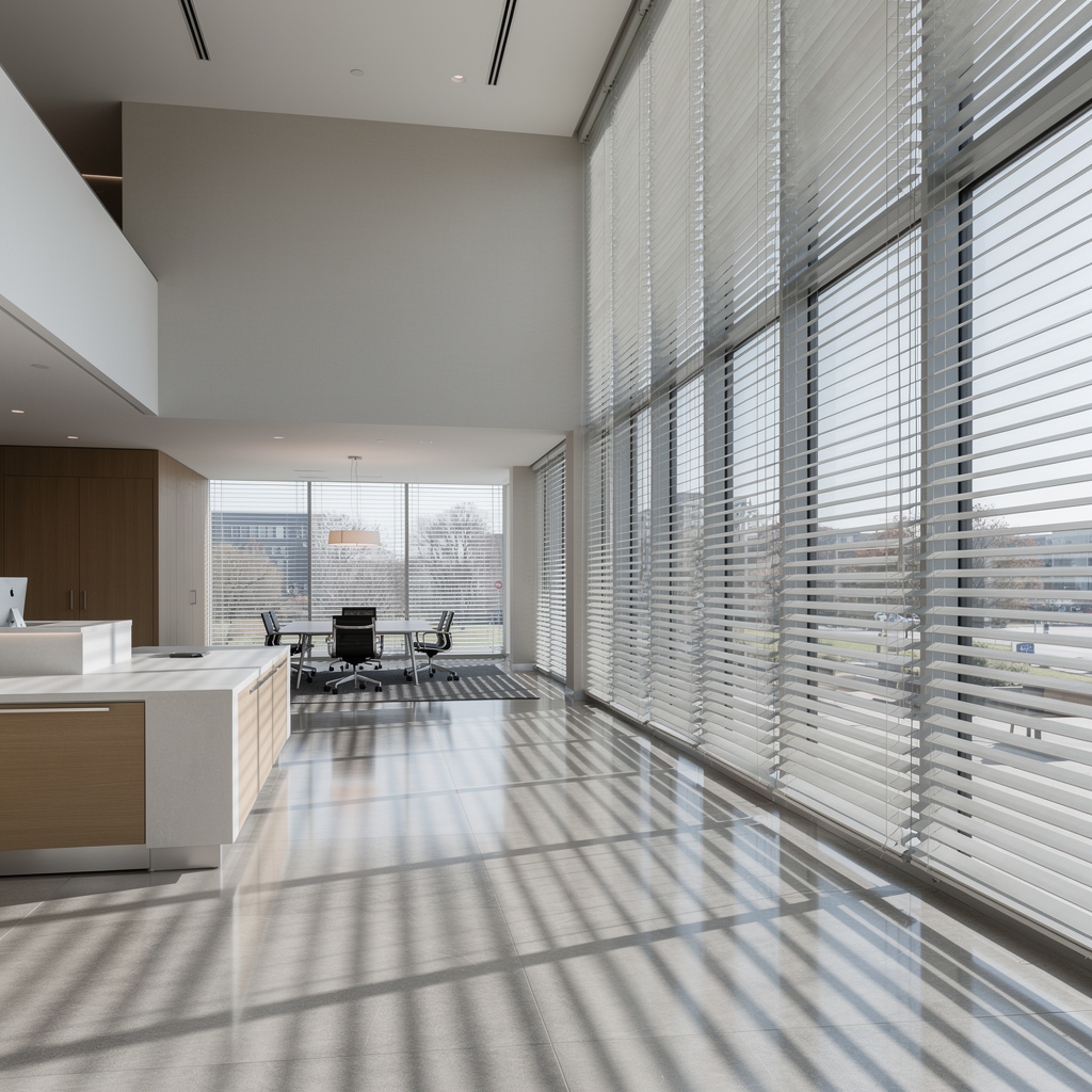 Modern office interior with high windows featuring horizontal blinds, polished floors, and a distant conference table.