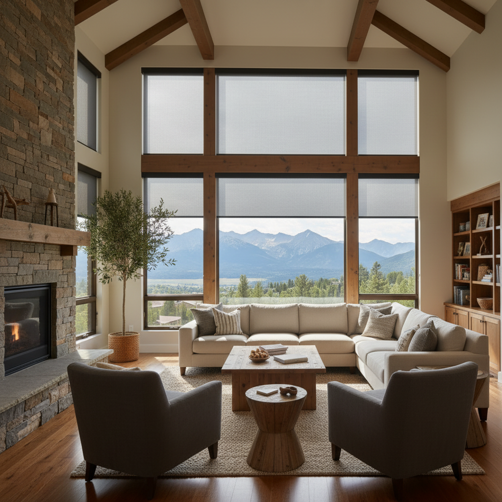 A cozy mountain living room with a stone fireplace, large windows showing a mountain view, and plush cream seating.