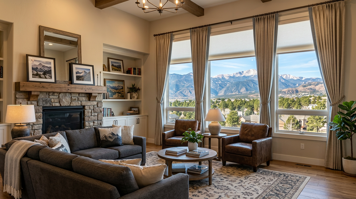 Bright living room with stone fireplace, leather chairs, and large windows with layered window treatments.