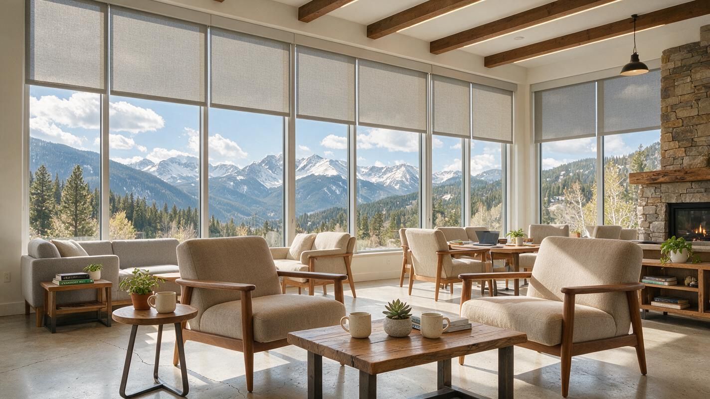 Bright living room with large windows, beige chairs, wood beams, solar shades, and mountain view outside