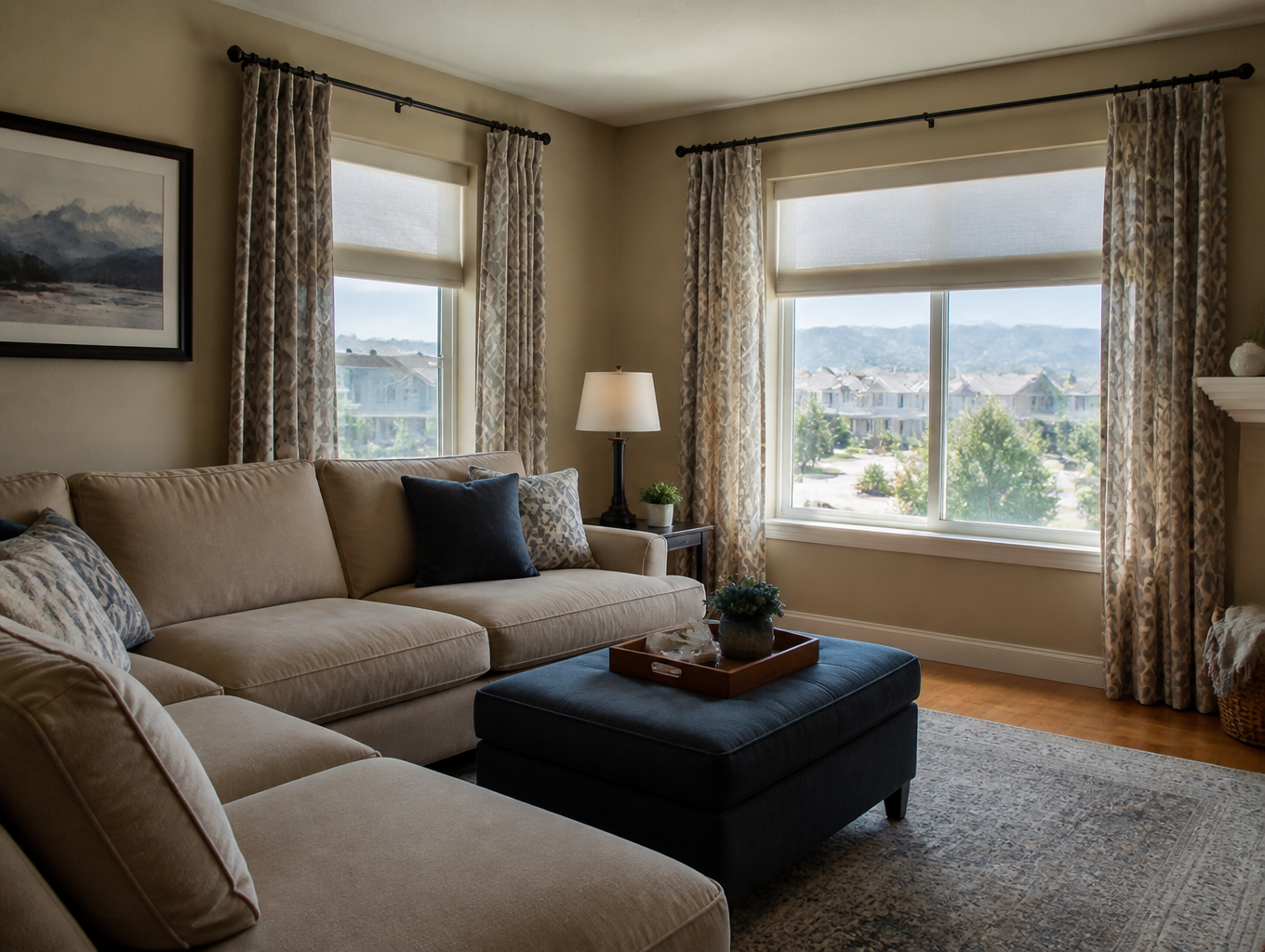 Cozy living room with beige sectional, dark ottoman, lamp, and large windows with drapery panels and roman shades.