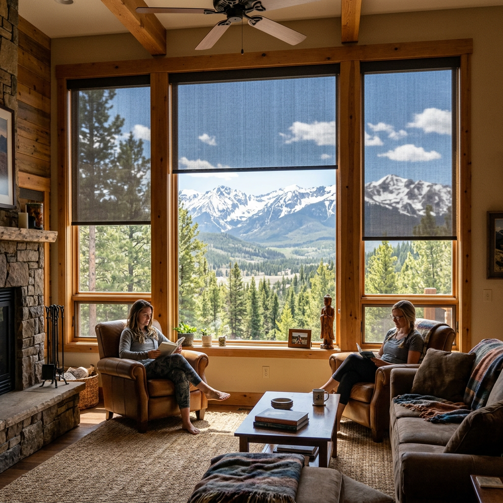 Cozy mountain cabin living room with two people by a large window with solar shades overlooking snowy peaks