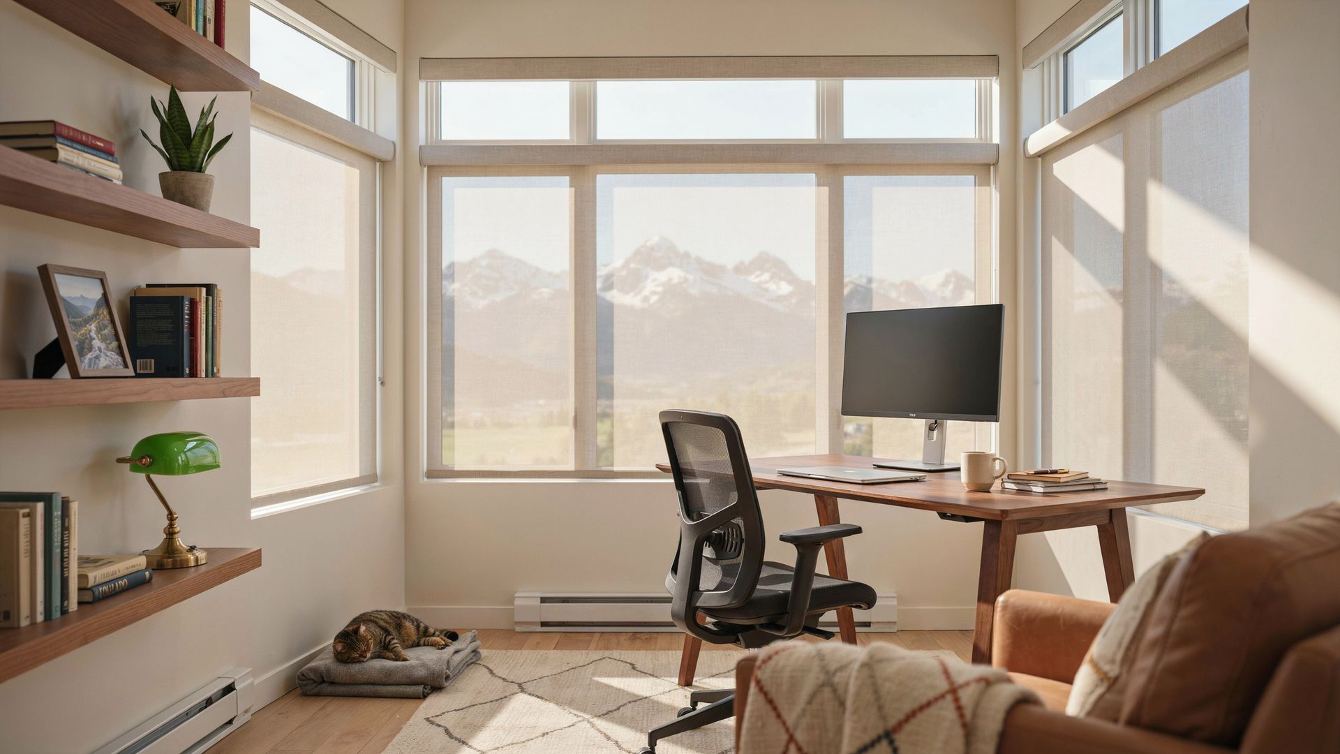 Bright home office with desk, monitor, office chair, and sunlight through large windows with solar shades.