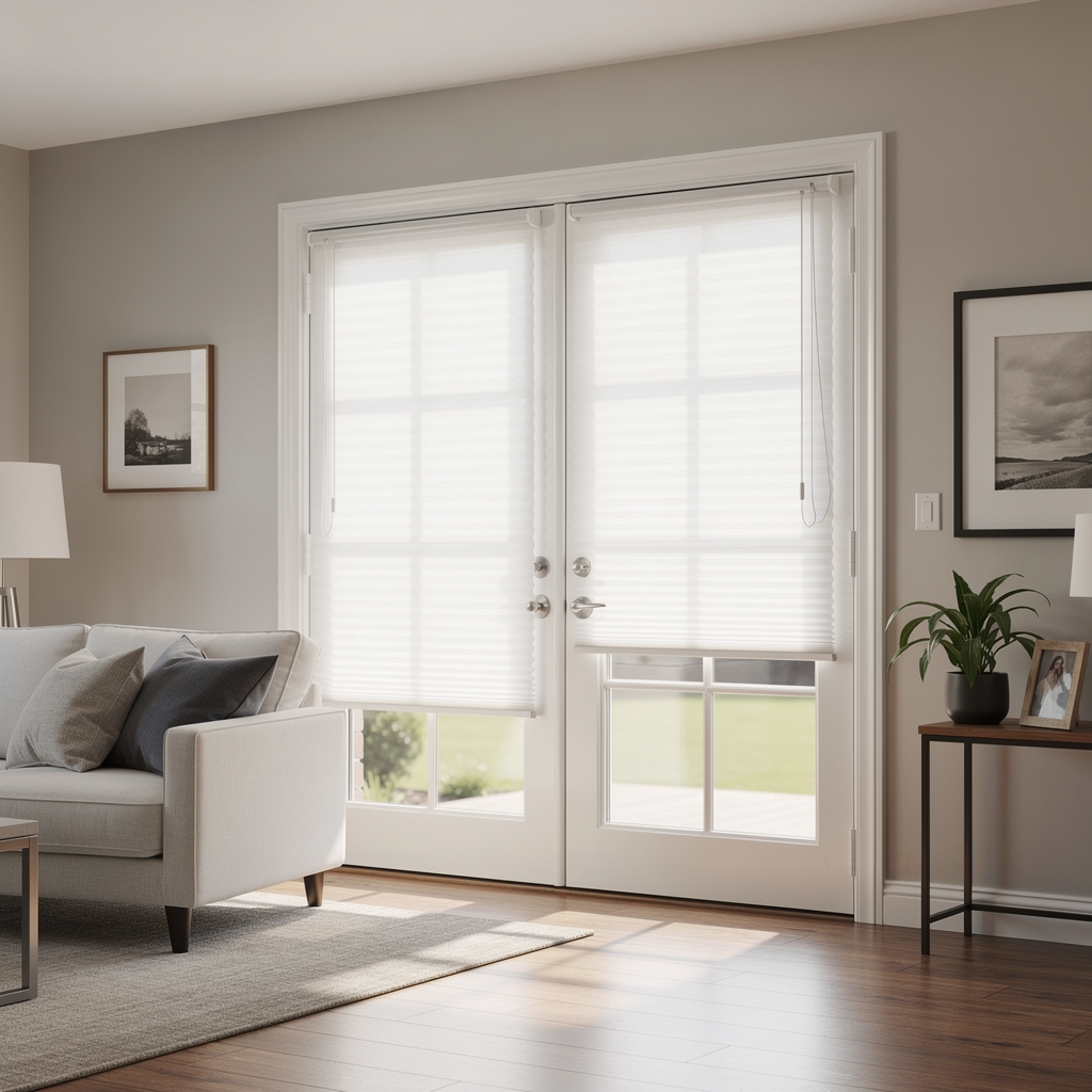 Bright living room with white French doors, celular shades, framed art, and sunlight on wood floor.