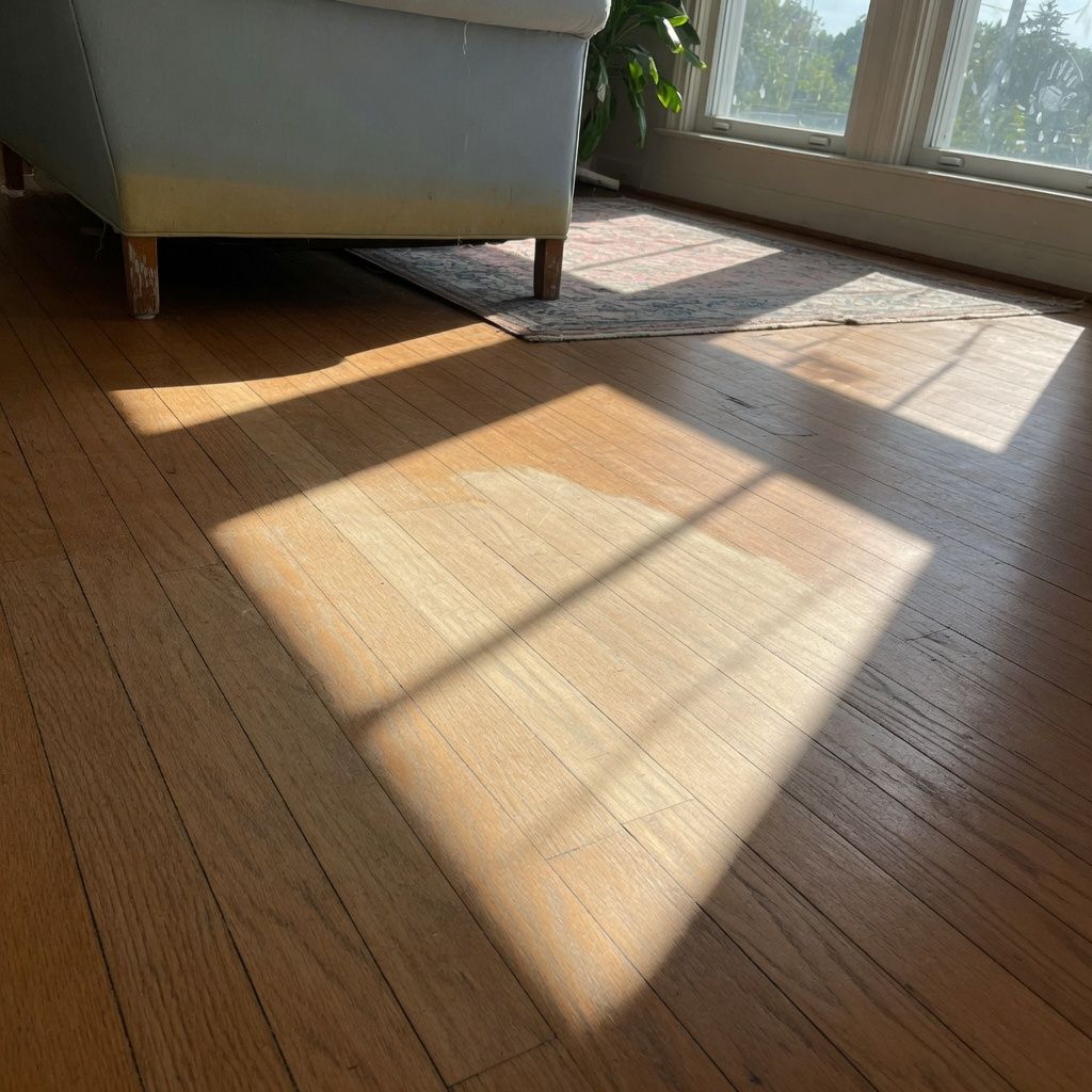 Sunlit hardwood floor with sharp window shadows beside a beige sofa.