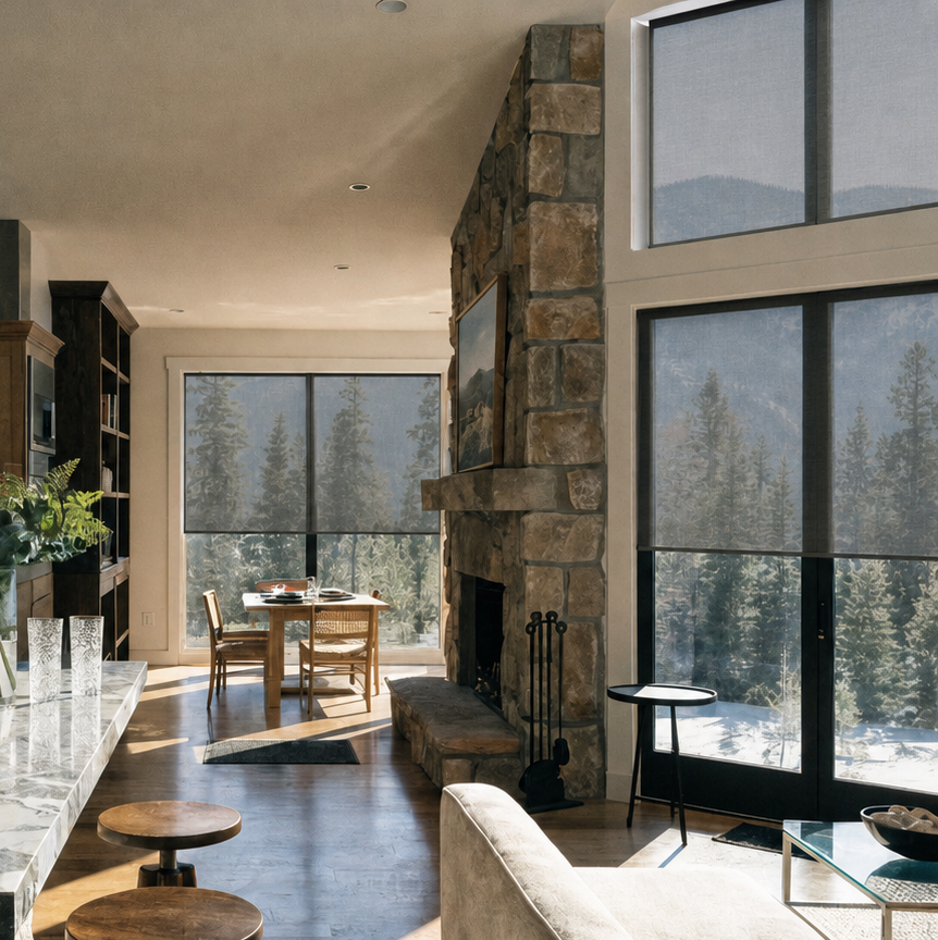 Modern living room with stone fireplace and large windows with solar shades overlooking a snowy forest.