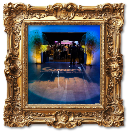 Ornate gold frame around a blue-lit event entrance with people gathered inside