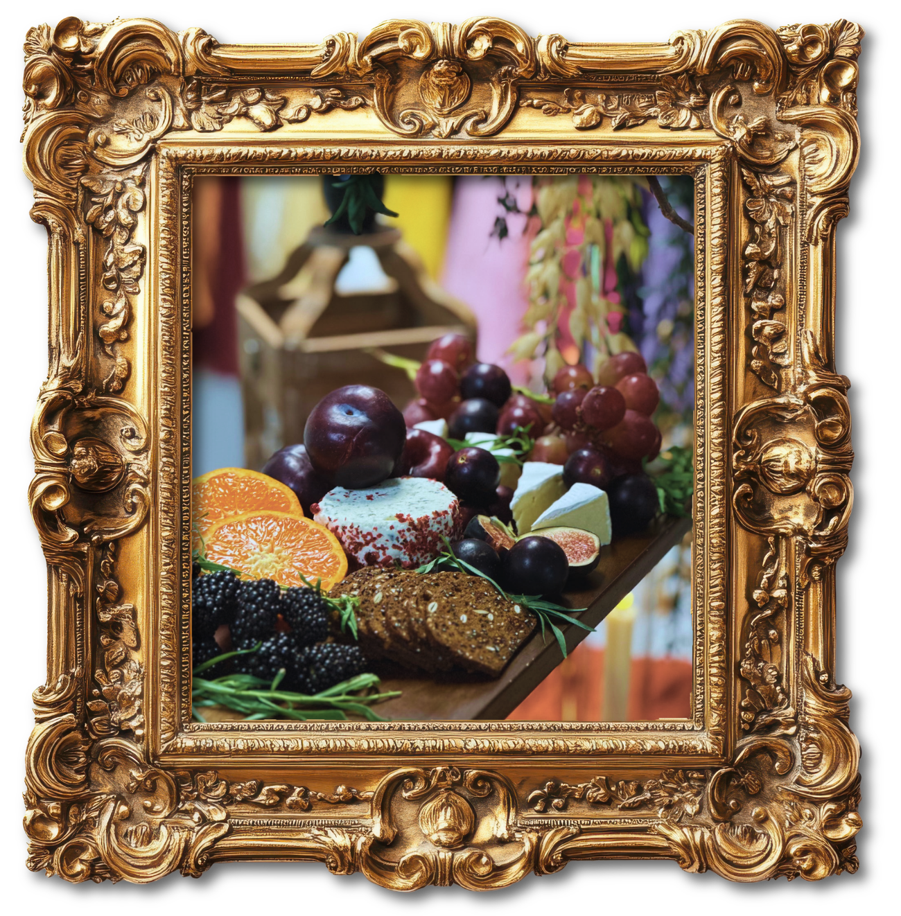 Ornate gold frame around a catering display with table settings and floral decor in a rustic room