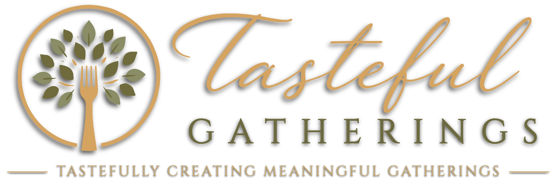 Tasteful Gathering logo with stylized tree, gold script text, and gray tagline on white background