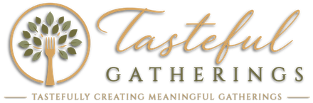 Tasteful Gathering logo with stylized tree, gold script text, and gray tagline on white background