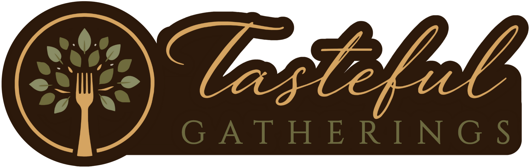 Tasteful Gatherings logo with gold script and a stylized tree on a dark brown oval background
