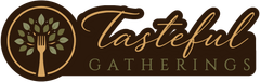 Tasteful Gatherings logo with gold script and a stylized tree on a dark brown oval background