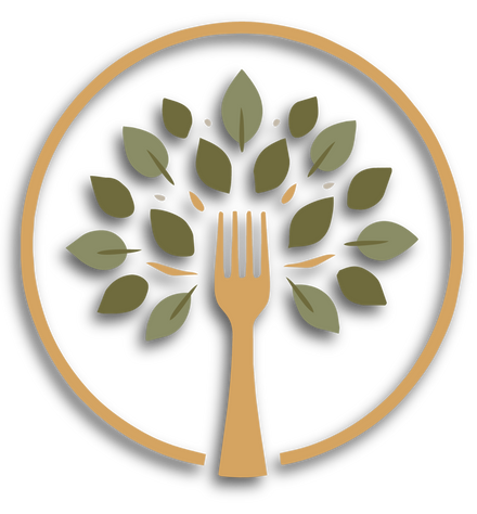 Gold fork in a leafy tree inside a gold circle logo